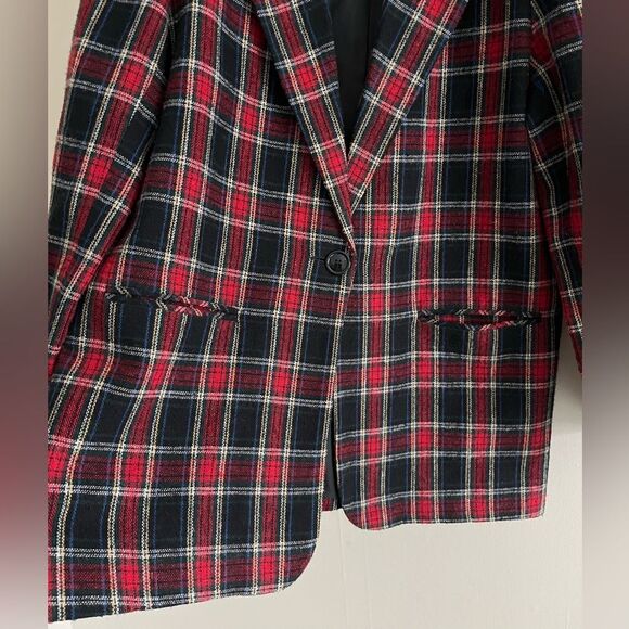 Vintage 90s Norton McNaughton Red Navy Plaid Wool Blend Blazer Jacket | Size 14 - Picture 4 of 12